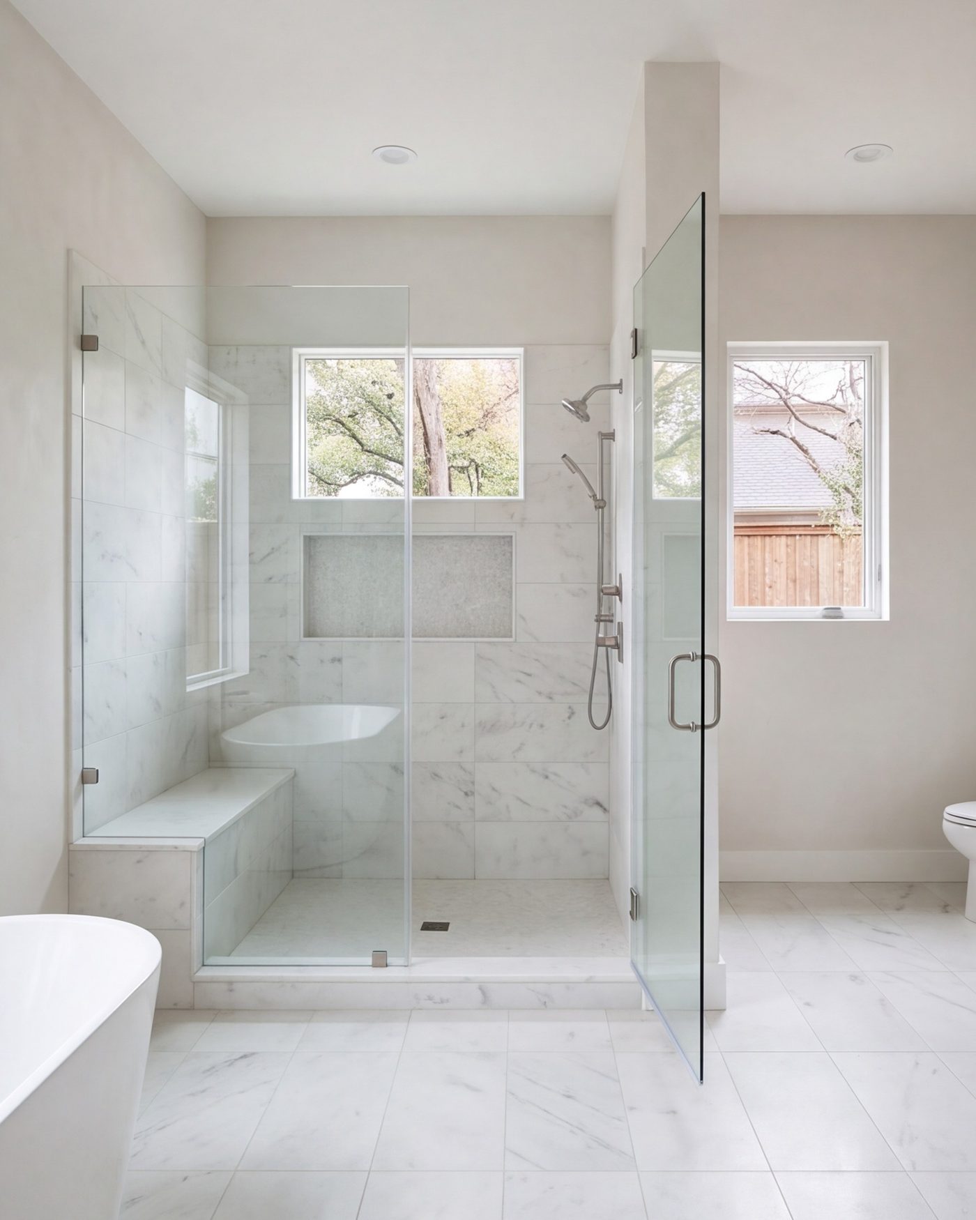 tall view of a finished walk-in shower with bench, niche and glass door, whole room in view