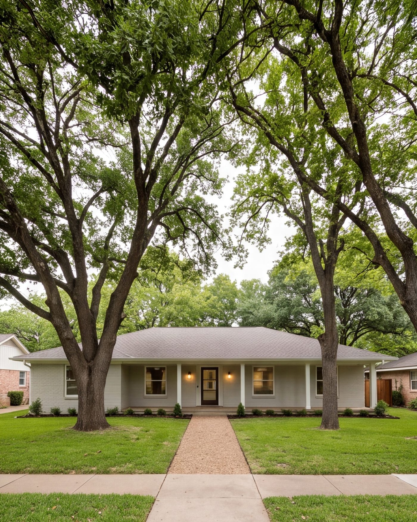 tall front view of a single-story Lake Highlands ranch house, brick, mature trees, evening