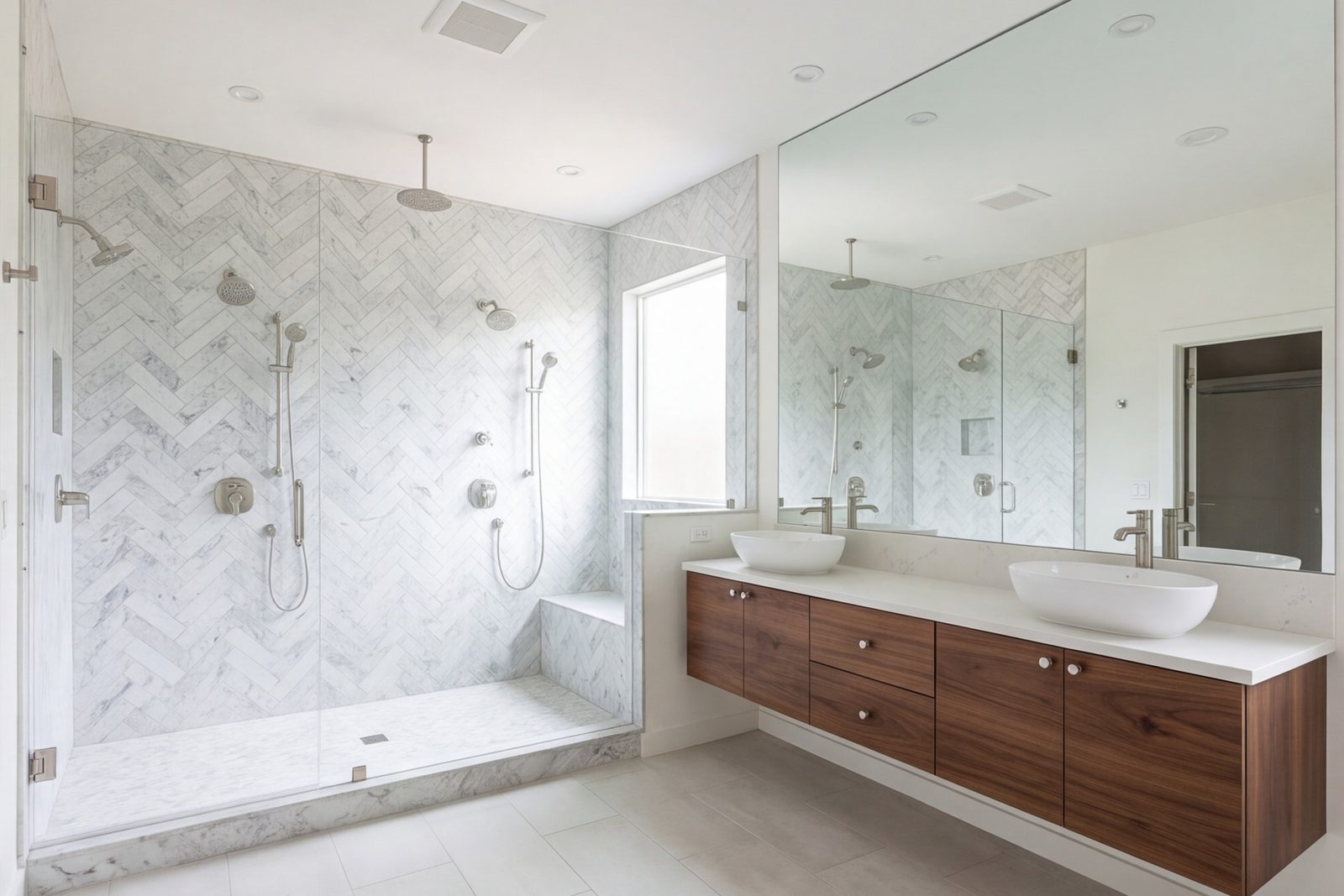 Wide primary bathroom with a large shower and open vanity wall