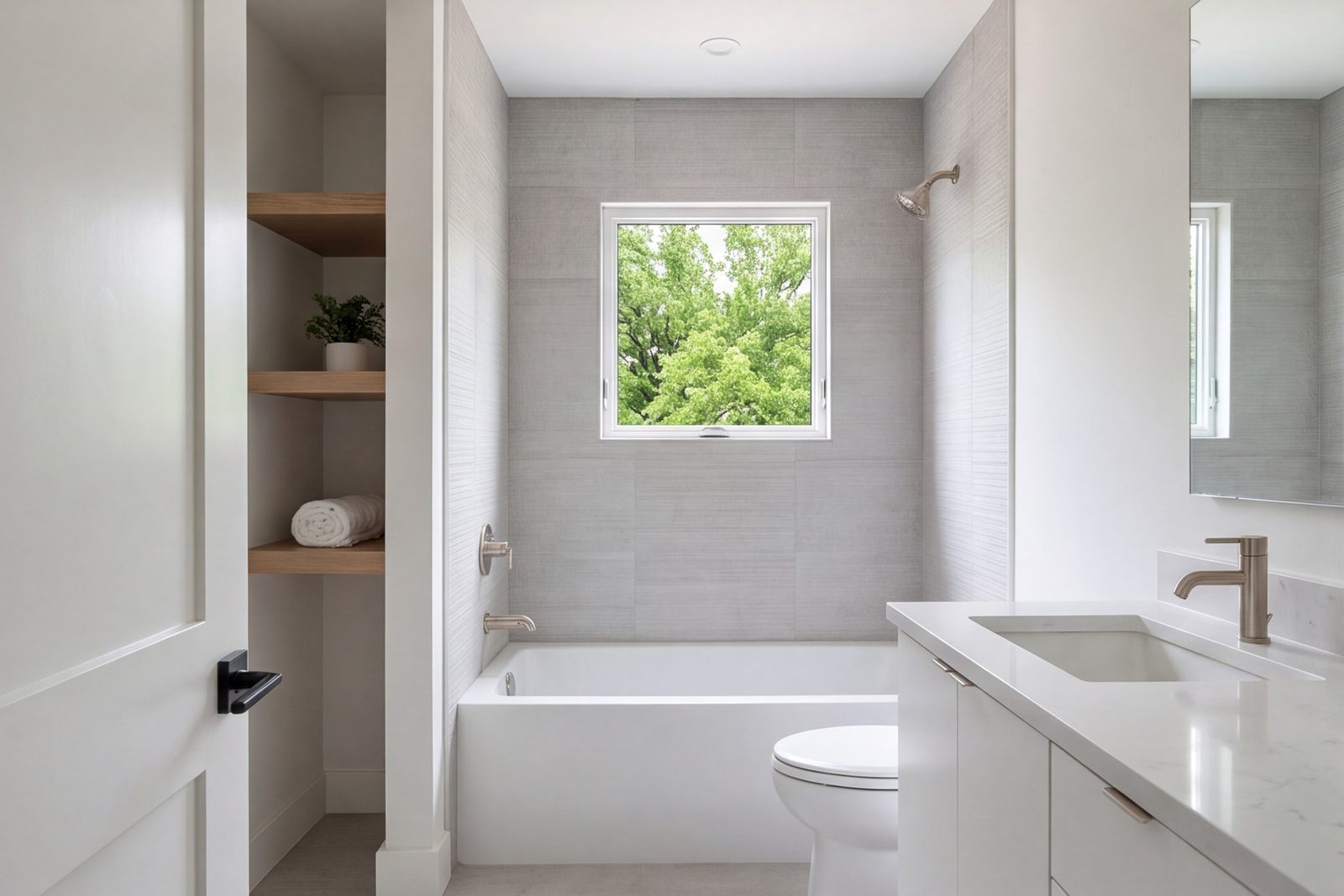 Narrow hall bathroom with a deep tub, light tile and a bright vanity