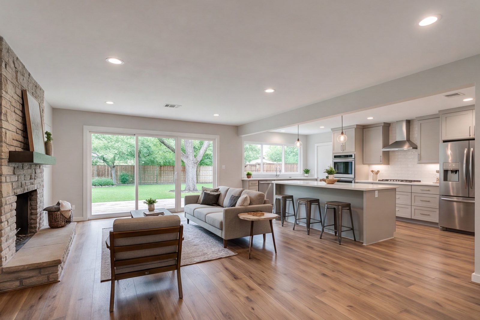 Living room and kitchen of a ranch house with new floors running through
