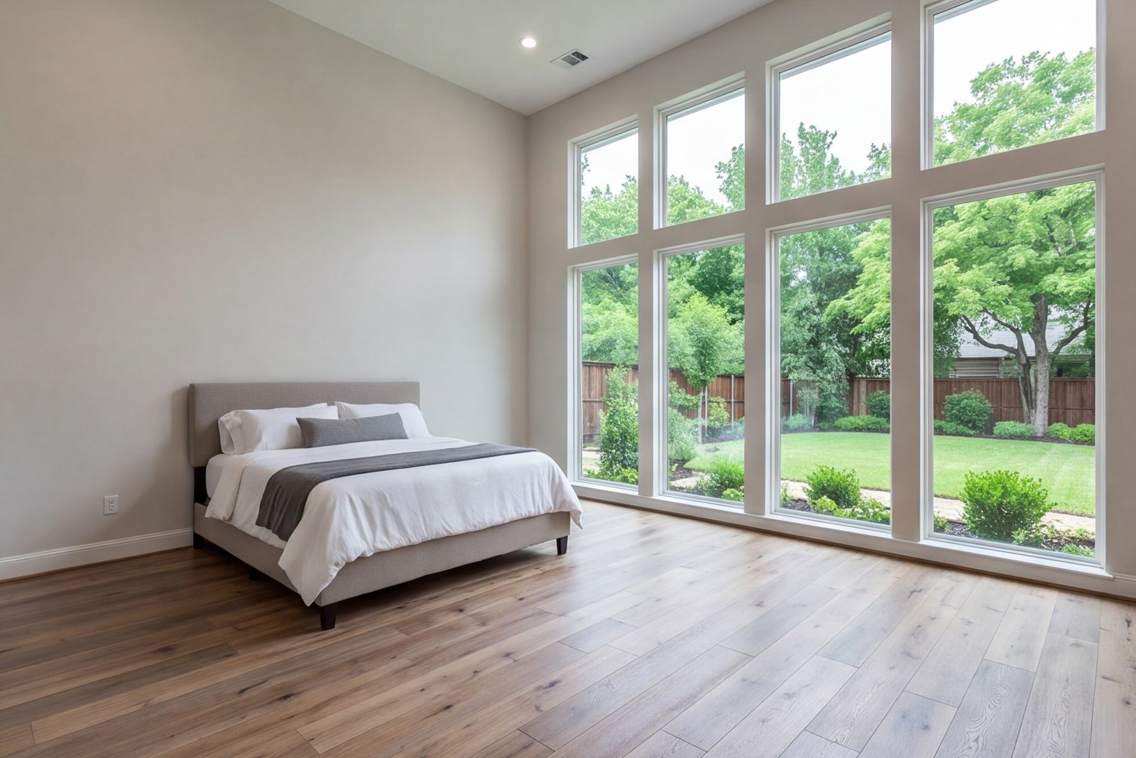 wide new primary suite addition with tall windows and a view to the back yard