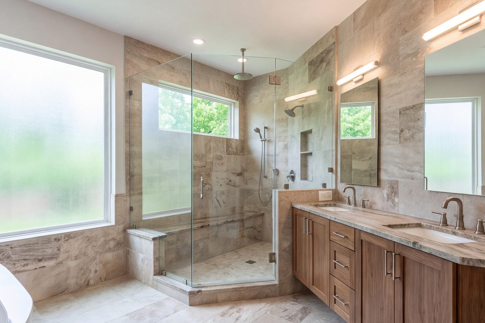 Wide view of a primary bathroom with a frameless glass shower, tile floor and double vanity