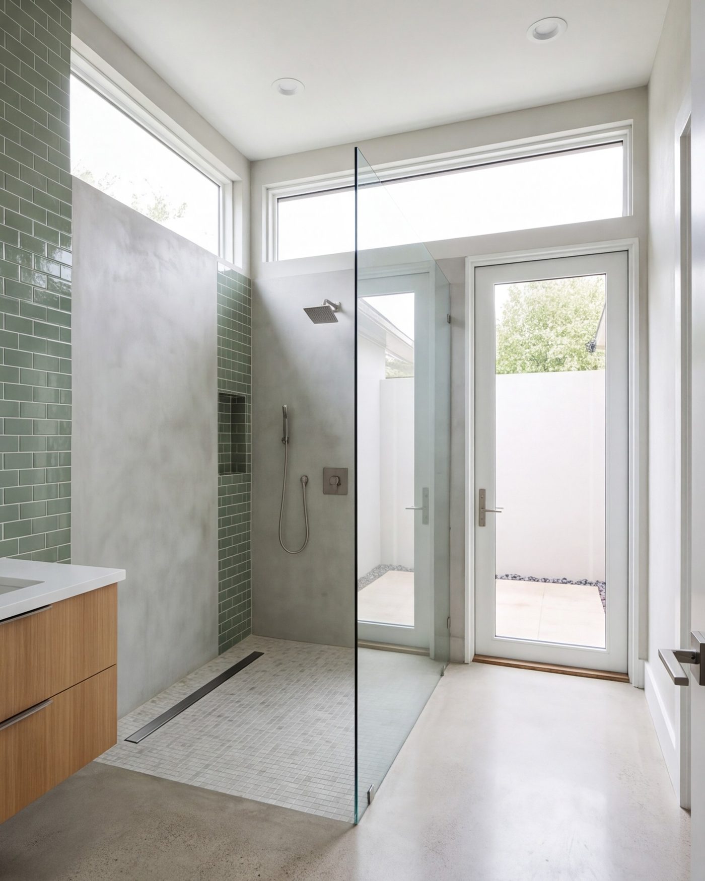 tall view of a bright finished shower room, sloped tile floor, linear drain, clear glass